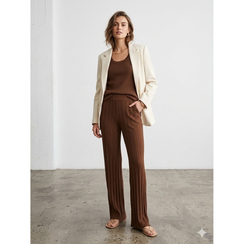House of Harlow 1960 Brown Ribbed Knit Wide Leg Pants XS Lettuce Edge Hem